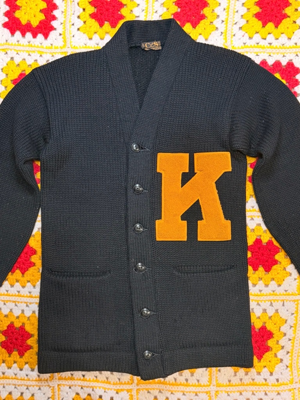 Vintage 1950's Varsity Black with Yellow K Letterman Knit Sweater 100% wool